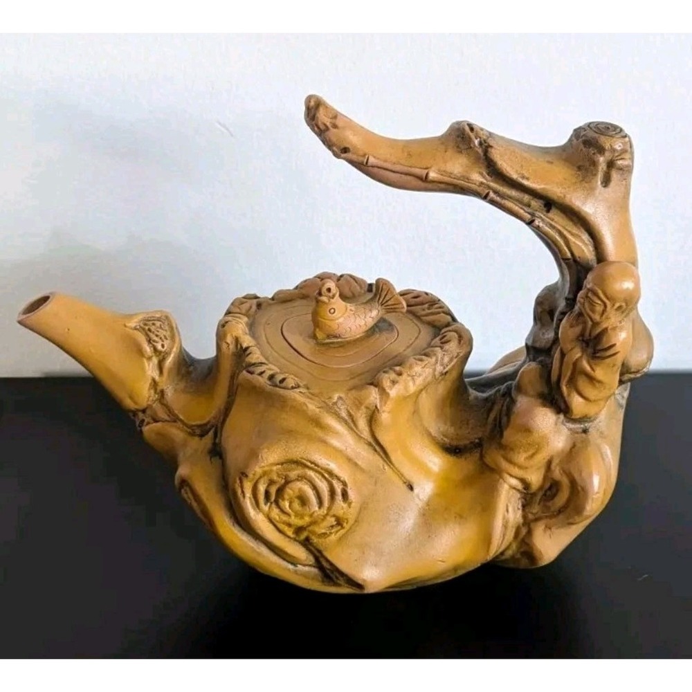 Antique Chinese Yixing Zisha Clay Figural Teapot Sage Koi Fish Bamboo Seal Mark